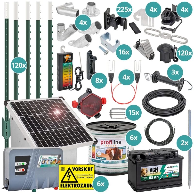 VOSS.farming Pferdezaun T-Pfosten-Set Für 400m, 3x Reihen Band, 182cm Mit 35W Solar-Weidezaungerät 3 VOSS.farming Pferdezaun T-Pfosten-Set Für 400m, 3x Reihen Band, 182cm Mit 35W Solar-Weidezaungerät