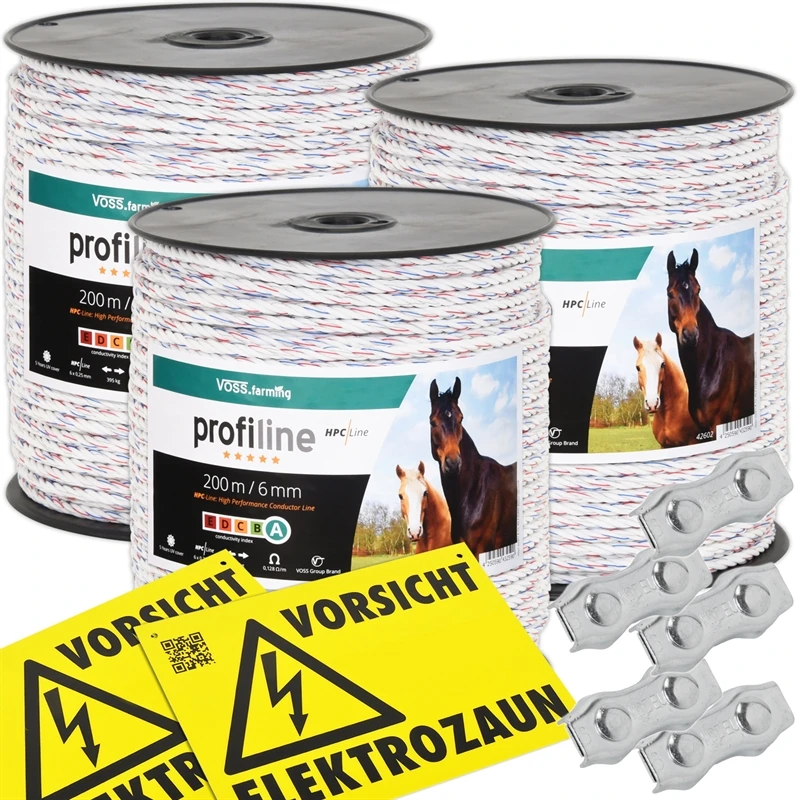 3x VOSS.farming Weidezaunseil 200 M, 6x0,25 HPC® + 5x Verbinder + 2x Warnschild 3 3x VOSS.farming Weidezaunseil 200 M, 6x0,25 HPC® + 5x Verbinder + 2x Warnschild