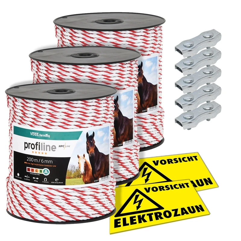 3x VOSS.farming Weideseil 200m, Ø 6mm, 6x0,25 HPC® Powerleiter + 5x Verbinder + 2x Warnschilder 3 3x VOSS.farming Weideseil 200m, Ø 6mm, 6x0,25 HPC® Powerleiter + 5x Verbinder + 2x Warnschilder