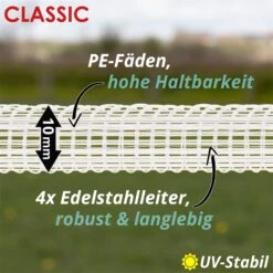 5x Weidezaunband "CLASSIC" 200m, 10mm, 4x0,16 Niro, Weiß (inkl. 5 Verbinder & Warnschild) -Optimal Ranchzaun Geschäft 43470 classic weidezaunband 10mm detailbild