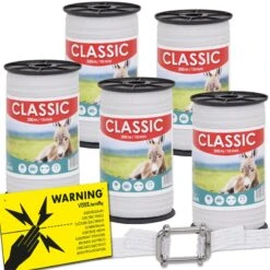 5x Weidezaunband "CLASSIC" 200m, 10mm, 4x0,16 Niro, Weiß (inkl. 5 Verbinder & Warnschild)