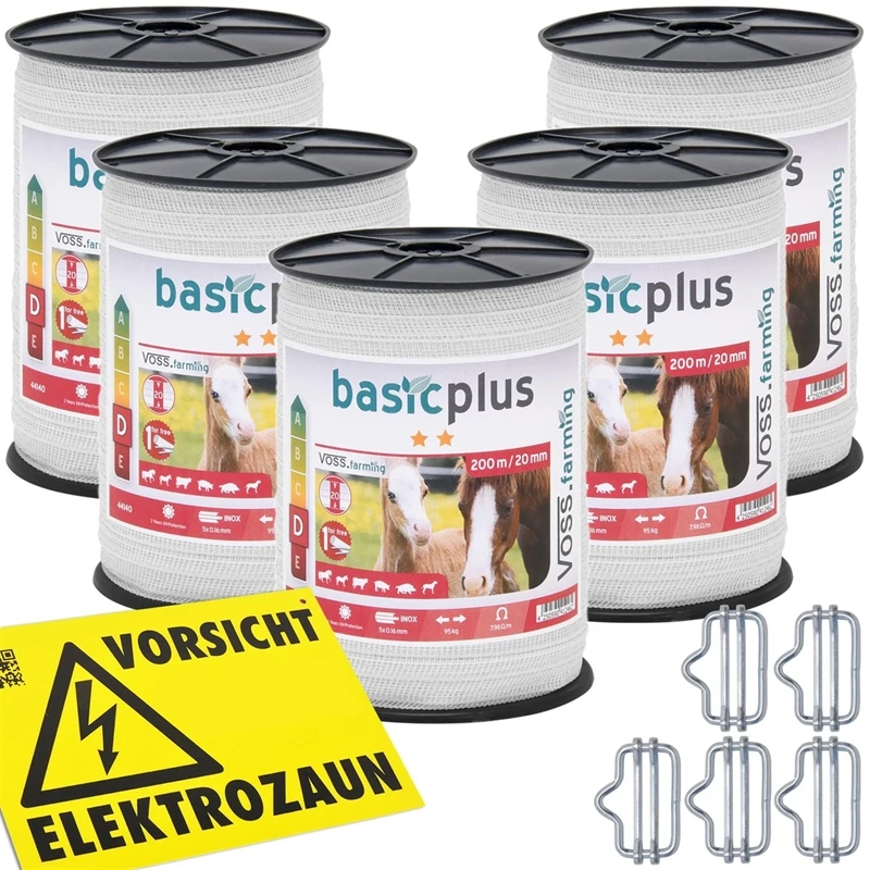 5x VOSS.farming Weidezaunband 200 M, 20 Mm, 5x0,16 Niro, Weiß (inkl. 5 Verbinder & Warnschild) 4 5x VOSS.farming Weidezaunband 200 M, 20 Mm, 5x0,16 Niro, Weiß (inkl. 5 Verbinder & Warnschild) – Bild 2