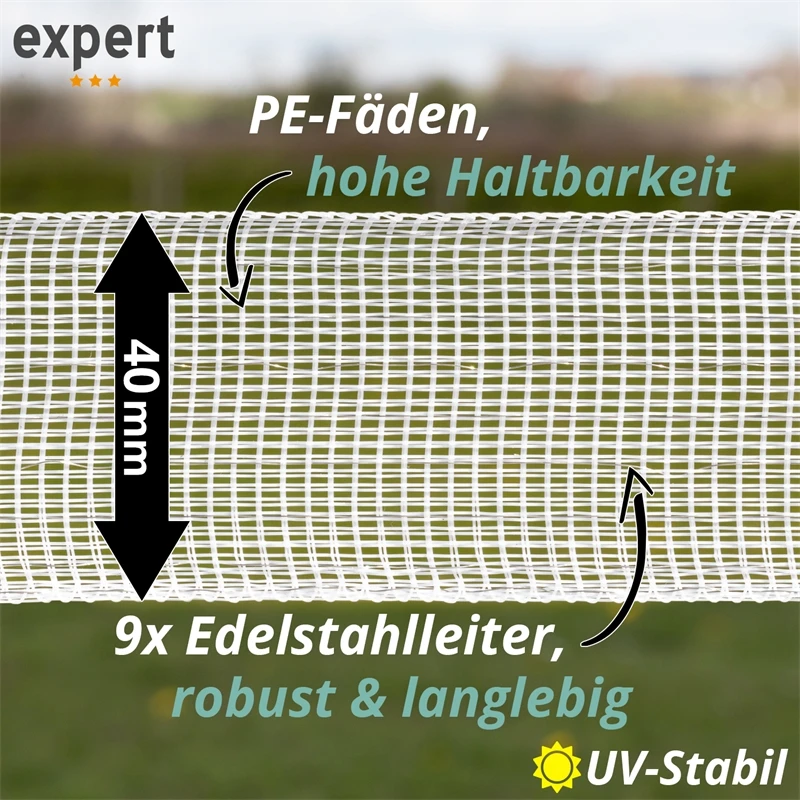 5x VOSS.farming Weidezaunband 200 M, 40 Mm, 9x0,16 Niro, Weiß (inkl. 5 Verbinder & Warnschild) 6 5x VOSS.farming Weidezaunband 200 M, 40 Mm, 9x0,16 Niro, Weiß (inkl. 5 Verbinder & Warnschild) – Bild 4