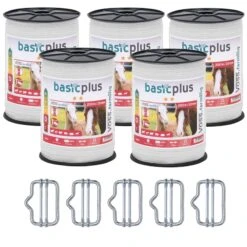 5x VOSS.farming Weidezaunband 200 M, 20 Mm, 5x0,16 Niro, Weiß (inkl. 5 Verbinder & Warnschild)