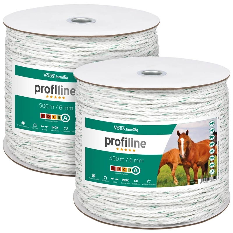 2x Weidezaunseil 500m 6mm, 3x 0,3 Cu+0,3 Niro, Inkl. Verbinder 3 2x Weidezaunseil 500m 6mm, 3x 0,3 Cu+0,3 Niro, Inkl. Verbinder