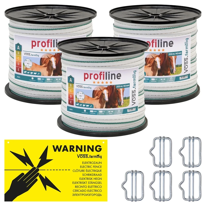 3x Weidezaun Band 200m, 40mm, 4x0,3 Kupfer + 6x0,3 Niro, Weiß-grün, Inkl. 5x Verbinder & Warnschild 4 3x Weidezaun Band 200m, 40mm, 4x0,3 Kupfer + 6x0,3 Niro, Weiß-grün, Inkl. 5x Verbinder & Warnschild – Bild 2