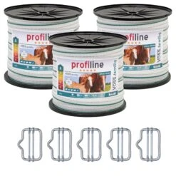 3x Weidezaun Band 200m, 40mm, 4x0,3 Kupfer + 6x0,3 Niro, Weiß-grün, Inkl. 5x Verbinder & Warnschild