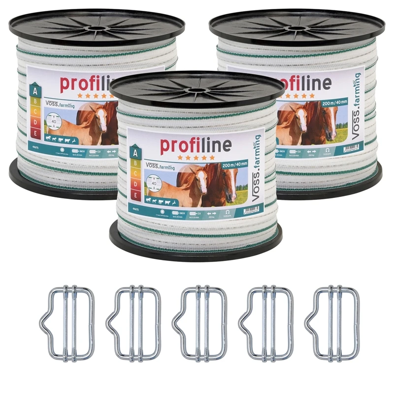 3x Weidezaun Band 200m, 40mm, 4x0,3 Kupfer + 6x0,3 Niro, Weiß-grün, Inkl. 5x Verbinder & Warnschild 3 3x Weidezaun Band 200m, 40mm, 4x0,3 Kupfer + 6x0,3 Niro, Weiß-grün, Inkl. 5x Verbinder & Warnschild