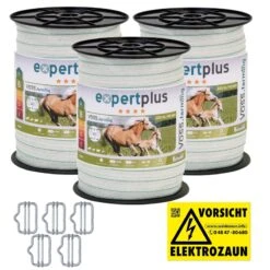 3x Elektrozaun-Band 200m, 40mm, 1x0,20 Kupfer + 6x0,20 Niro + 5x Verbinder + Warnschild