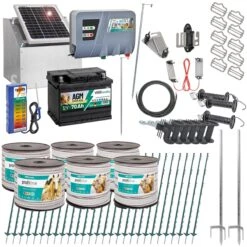 VOSS.farming Weidezaun-SOLAR-Starterset Für Pferde/Ponys, 12 Volt - 400 Meter, Drei Reihen, Ein Tor