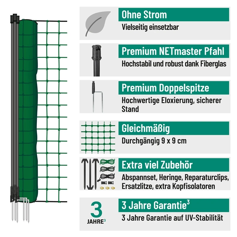 VOSS.farming FarmNET 50m Hütenetz, 135cm, 16 Pfähle, 2 Spitzen, Grün, Ohne Strom 4 VOSS.farming FarmNET 50m Hütenetz, 135cm, 16 Pfähle, 2 Spitzen, Grün, Ohne Strom – Bild 2