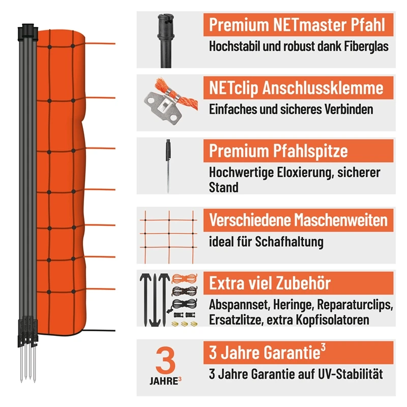 VOSS.farming FarmNET 50m Schafnetz, Schafzaun, Elektronetz, 90cm, 14 Pfähle, 1 Spitze, Orange 4 VOSS.farming FarmNET 50m Schafnetz, Schafzaun, Elektronetz, 90cm, 14 Pfähle, 1 Spitze, Orange – Bild 2