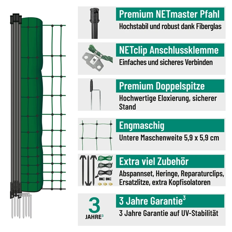VOSS.farming FarmNET 50m Hühnerzaun, Geflügelnetz, 112cm, 16 Pfähle, 2 Spitzen, Grün 4 VOSS.farming FarmNET 50m Hühnerzaun, Geflügelnetz, 112cm, 16 Pfähle, 2 Spitzen, Grün – Bild 2