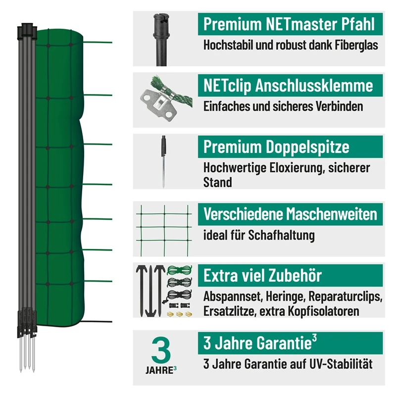VOSS.farming FarmNET 50m Schafnetz, Ziegennetz, Elektronetz, 90cm, 14 Pfähle, 1 Spitze, Grün 4 VOSS.farming FarmNET 50m Schafnetz, Ziegennetz, Elektronetz, 90cm, 14 Pfähle, 1 Spitze, Grün – Bild 2