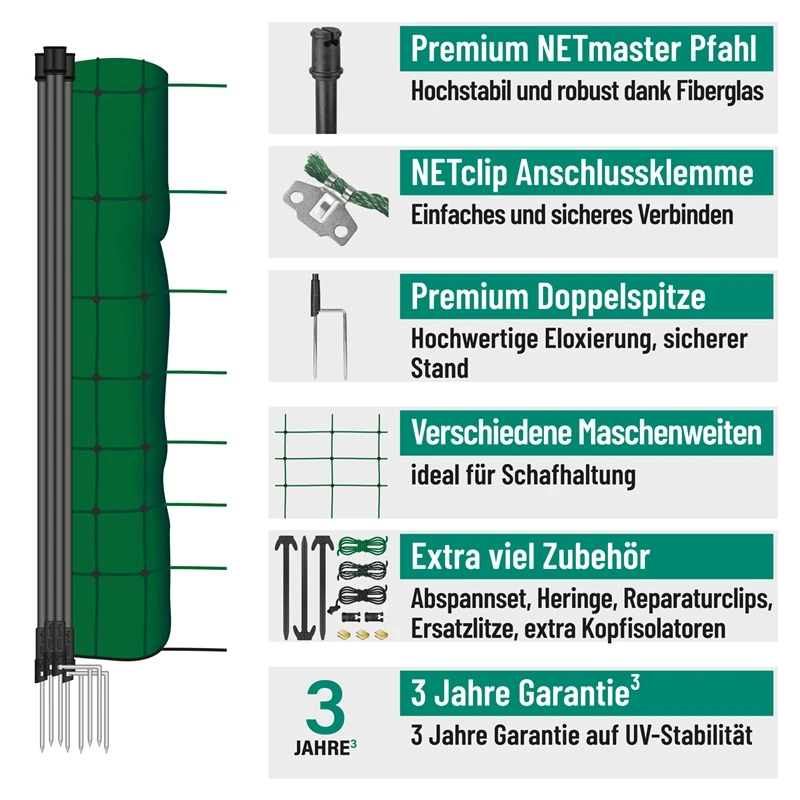 VOSS.farming FarmNET+ 25m Schafnetz, Ziegennetz, Elektronetz, 90cm, 11 Pfähle, 2 Spitzen, Grün 4 VOSS.farming FarmNET+ 25m Schafnetz, Ziegennetz, Elektronetz, 90cm, 11 Pfähle, 2 Spitzen, Grün – Bild 2