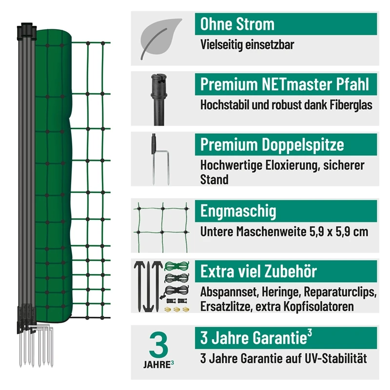 VOSS.farming FarmNET 25m Hühnerzaun, Geflügelnetz, 112cm, 9 Pfähle, 2 Spitzen, Grün, Ohne Strom 4 VOSS.farming FarmNET 25m Hühnerzaun, Geflügelnetz, 112cm, 9 Pfähle, 2 Spitzen, Grün, Ohne Strom – Bild 2