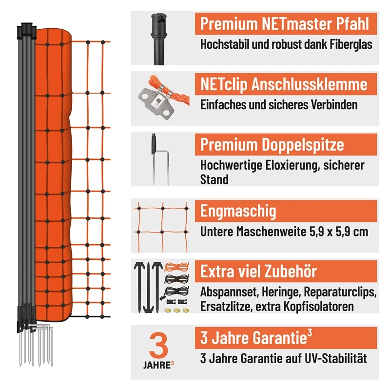 VOSS.farming FarmNET+ 50m Hühnernetz, Geflügelnetz, 112cm, 20 Pfähle, 2 Spitzen, Orange 4 VOSS.farming FarmNET+ 50m Hühnernetz, Geflügelnetz, 112cm, 20 Pfähle, 2 Spitzen, Orange – Bild 2
