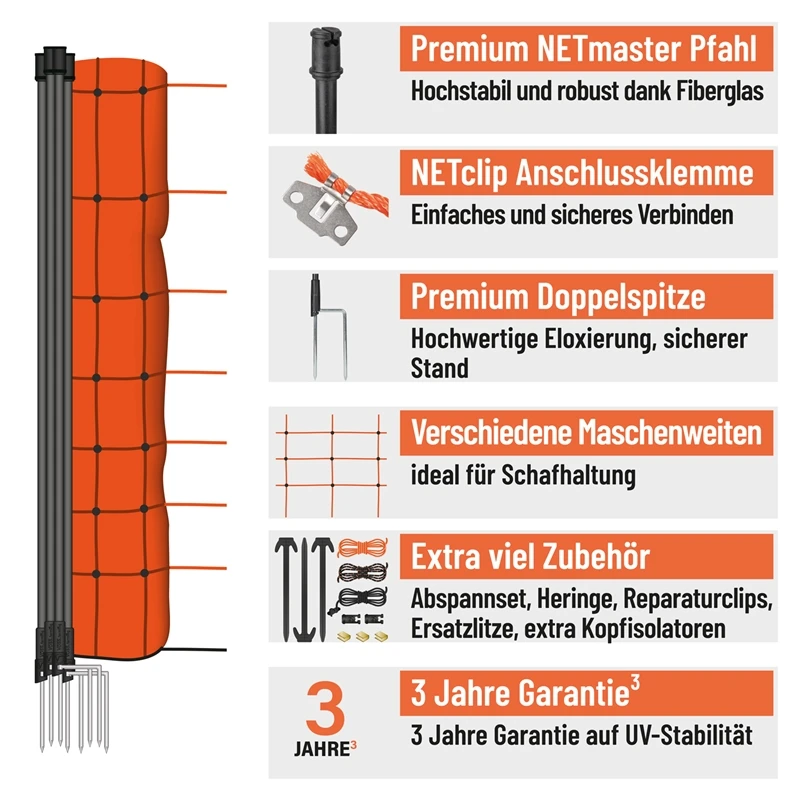 VOSS.farming FarmNET 50m Schafnetz, Schafzaun, Elektronetz, 90cm, 14 Pfähle, 2 Spitzen, Orange 4 VOSS.farming FarmNET 50m Schafnetz, Schafzaun, Elektronetz, 90cm, 14 Pfähle, 2 Spitzen, Orange – Bild 2