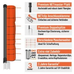 VOSS.farming FarmNET 50m Schafzaun, Ziegennetz, Elektronetz, 108cm, 14 Pfähle, 2 Spitzen, Orange 12 VOSS.farming FarmNET 50m Schafzaun, Ziegennetz, Elektronetz, 108cm, 14 Pfähle, 2 Spitzen, Orange -Optimal Ranchzaun Geschäft voss.farming orange farmnet doppelspitze premium netmaster pfaehle viel zubehoer