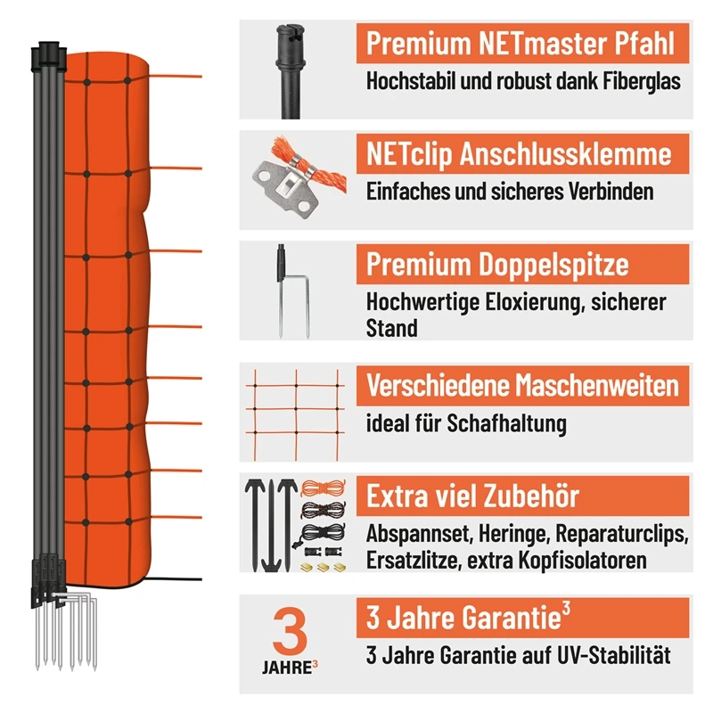 VOSS.farming FarmNET 50m Schafzaun, Ziegennetz, Elektronetz, 108cm, 14 Pfähle, 2 Spitzen, Orange 4 VOSS.farming FarmNET 50m Schafzaun, Ziegennetz, Elektronetz, 108cm, 14 Pfähle, 2 Spitzen, Orange – Bild 2